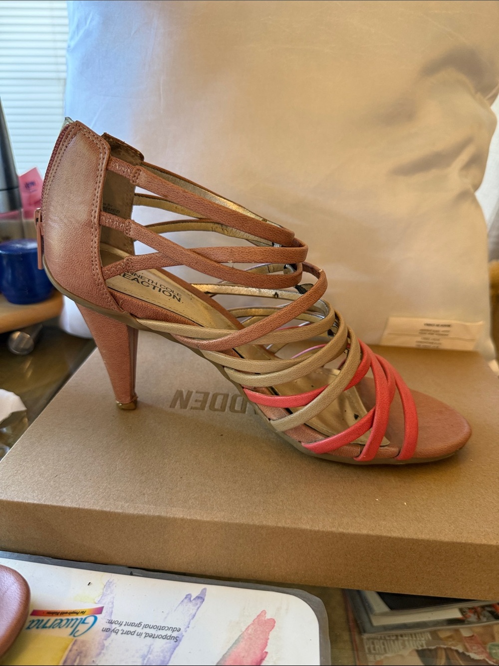 Strappy Multicolor High Heel Sandal - Coral/Tan